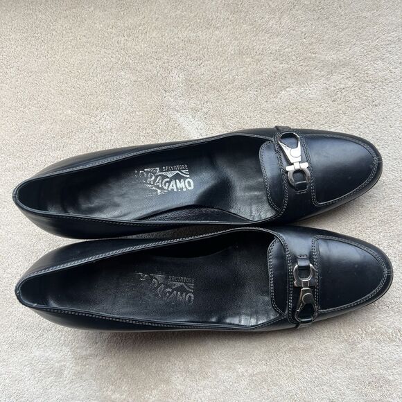 Salvatore Ferragamo Black Leather Heel Pump Women 7.5 AA Narrow Buckle Designer - Picture 8 of 16